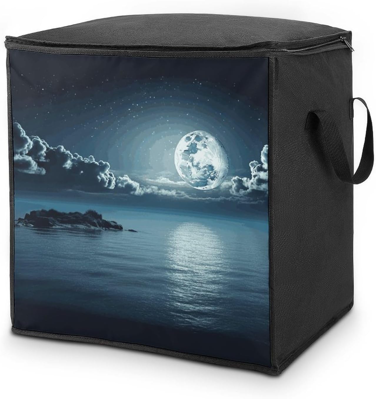 Moon Ocean Landscape Storage Bag with Zippers And Handle Extra Large Bedding Comforter Storage Bag Foldable Blanket Storage Bags Fabric Moving Bags for Closet Organizer (70L)