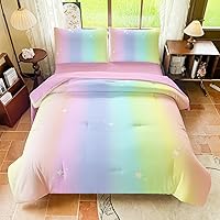 Vista 21 de Juego de ropa de cama arcoíris tamaño individual – Edredón reversible de 5 piezas para niñas con sábana de bolsillo profundo, diseño de galaxia