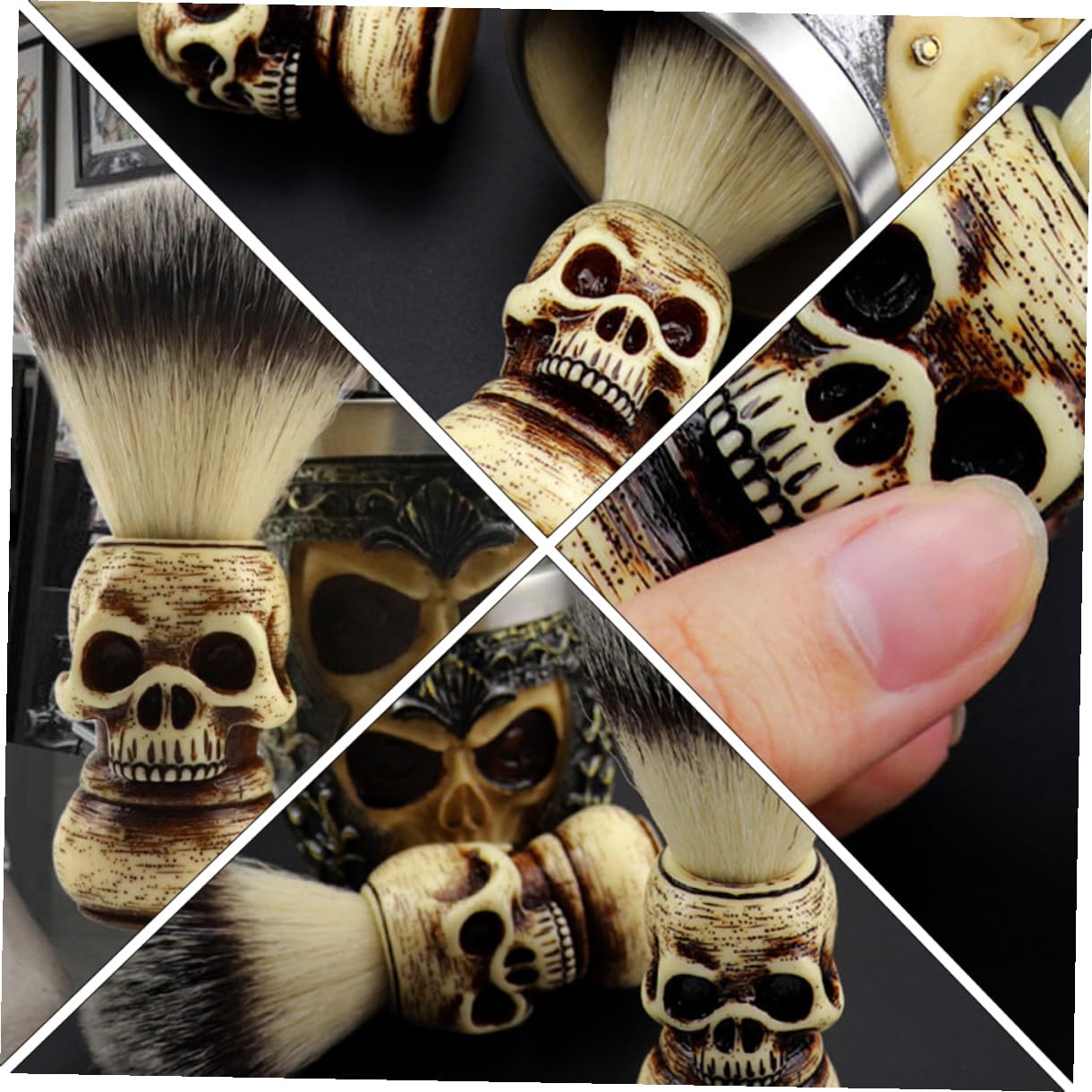 Skull Head Badger Hair Beard Brush for Men, Shaving Tool Brush with Nylon Bristles, Facial Cleaning and Grooming Accessory for Wet Shave and Salon Use