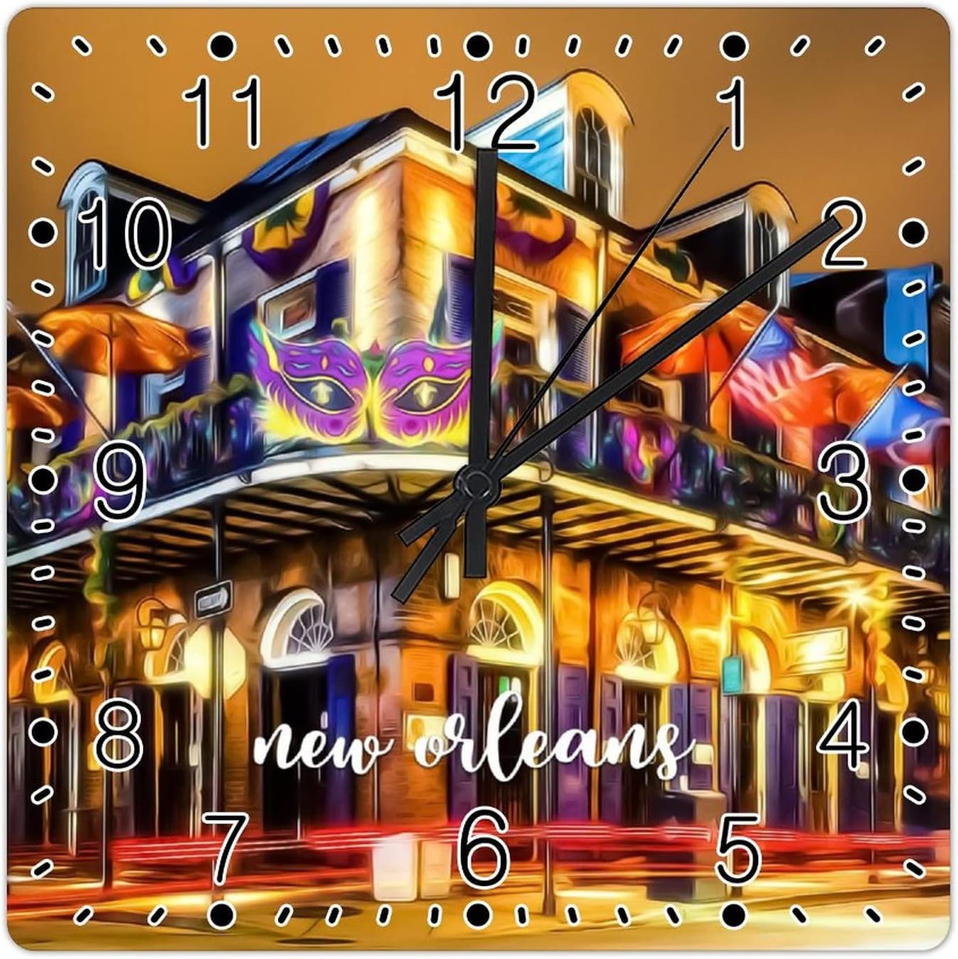 Louisiana USA Cityscape Square Wall Clock New Orleans Travel Clock Large Wall Clocks Battery Operated 15 Inch Non-Ticking Modern Home Decor Wall Decor for Kitchen Living Room Bedroom Office