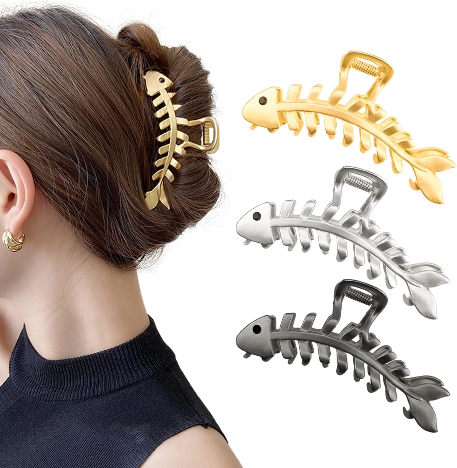 3 PACK Large Metal Hair Claw Clips Fish Bone Shape Hairpin