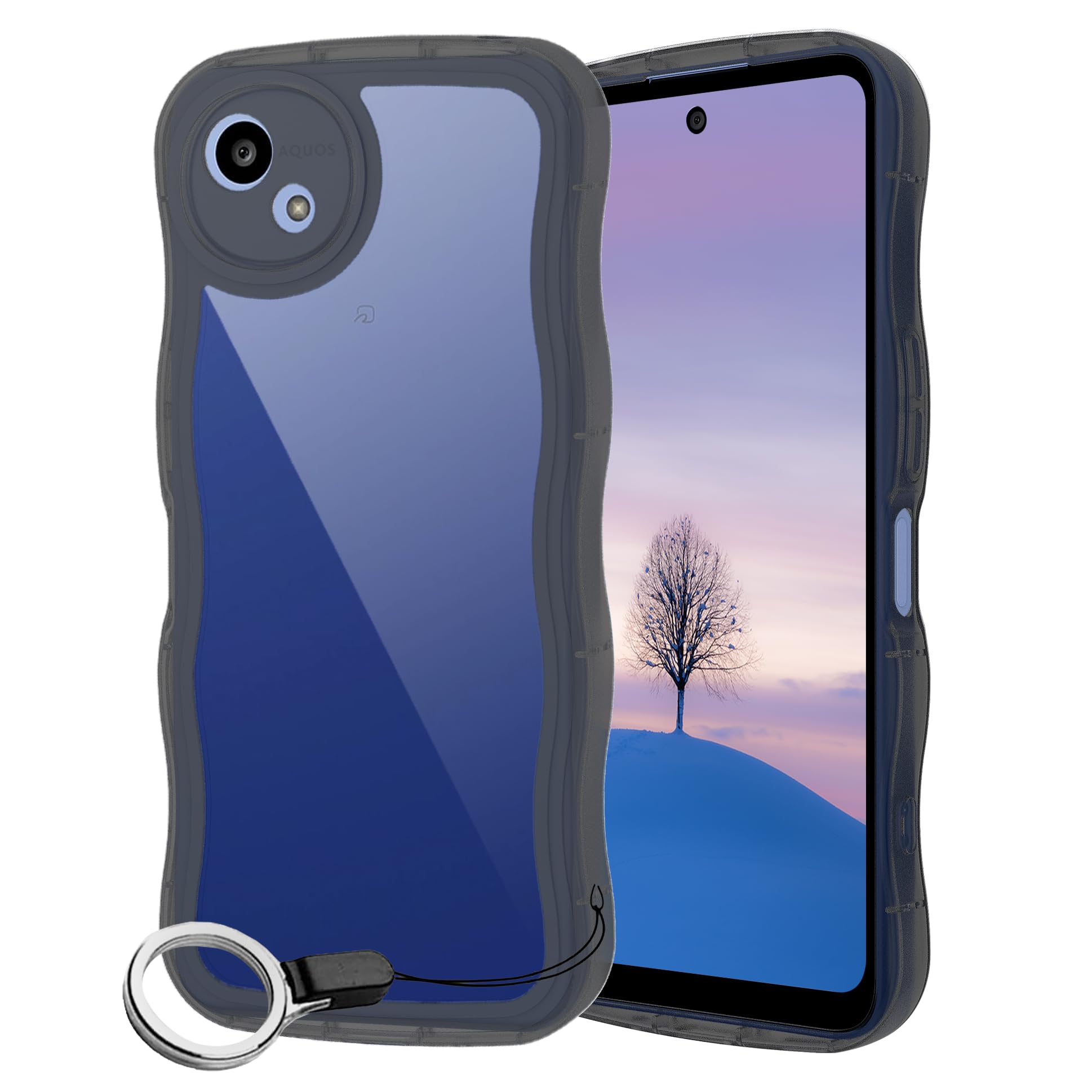 AQUOS wish5 ケース クリアブラック ウェーブ SH-52F TPU波状のバンパー 半透明 スマホケース かわいい うねうね アクオス ウィッシュ5 SH-52F ウェーブ デザイン 可愛い 韓国 女性用 薄型 人気 おしゃれ 耐衝撃 ストラップホール付き(ブラック)
