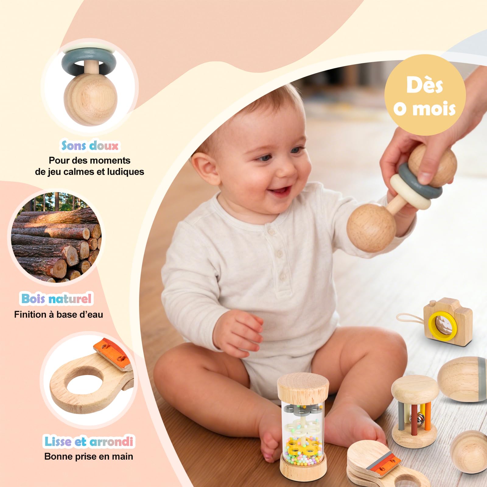 Jouets Bébé Montessori en Bois 7-en-1, Set Sensoriel en Bois Naturel pour Bébés de 0 à 12 Mois, Favorisant la Motricité, l’Éveil Musical et la Découverte Précoce, avec Sac de Rangement
