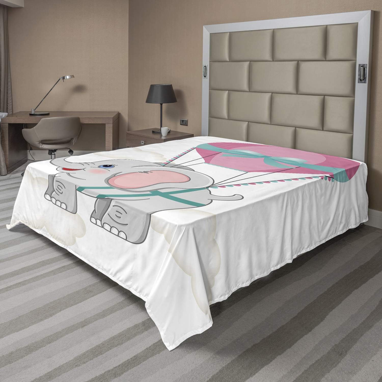 Ambesonne Cartoon Flat Sheet, Hot Air Balloon Fly Animal Funny Image Design, Soft Comfortable Top Sheet Decorative Bedding 1 Piece, Full Size, Pale Grey Teal Pink