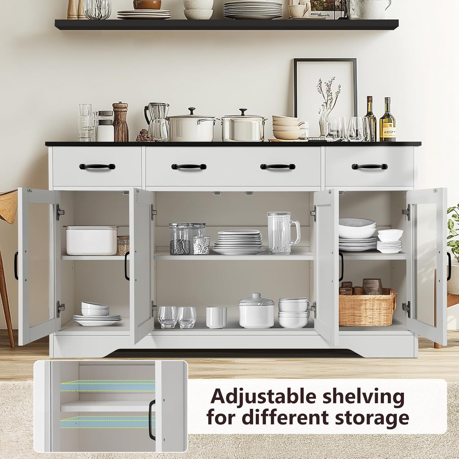 Likein Sideboard Buffet Cabinet with Storage - 55" Kitchen Storage Display Cabinet with 4 Drawers and Glass Doors, 15.8" D Farmhouse Wood Buffet Table Coffee Bar Cabinets for Entryway Living Room
