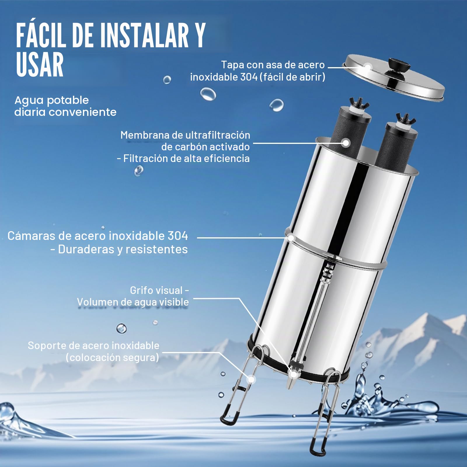 VEVOR Sistema de Filtración de Agua por Gravedad 8,5L Sistema de Encimera Acero Inoxidable Reduce Plomo y hasta 99% de Cloro con 2 Filtros de Carbón Membrana de Ultrafiltración Nivel de Agua Visible