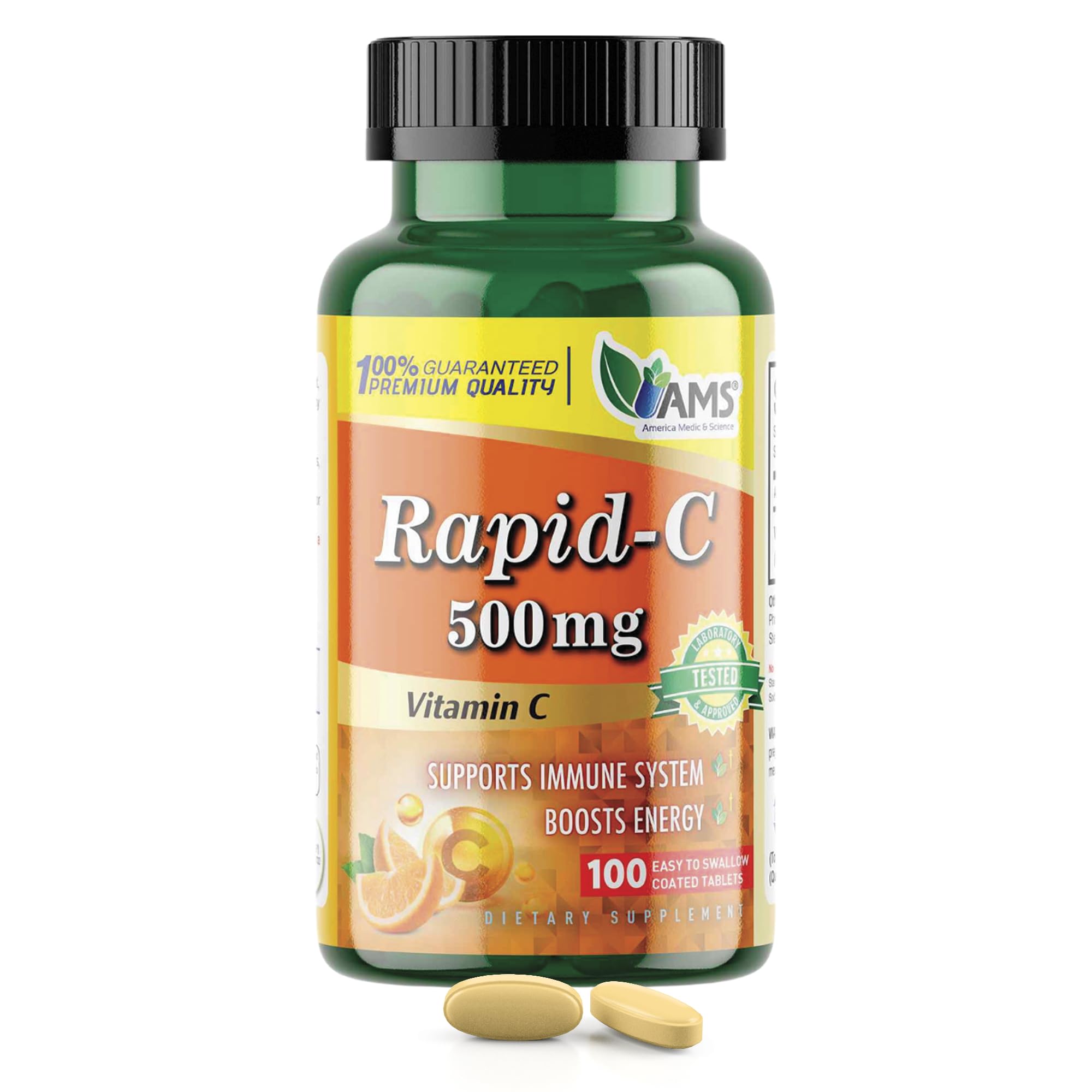 Amerika Medic & Science Rapid-C 500mg Vitamin C Supplement (1 Packung mit 100 Tabletten) Energie-Booster, Tägliche Immunsystem-Unterstützung, Antioxidans | Vegan, Non-GMO beschichtete Ascorbinsäure für Erwachsene Männer & Frauen