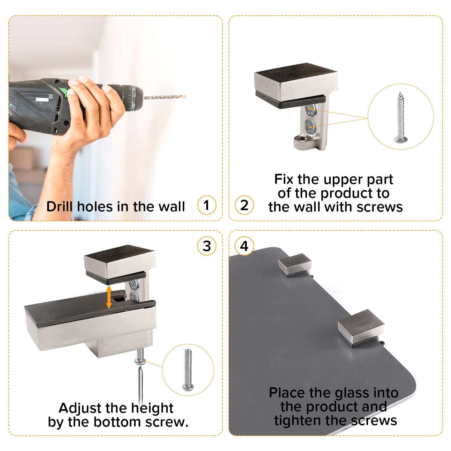Lyeteung 2 PCS 3-16 mm Adjustable Glass Shelf Bracket, Zinc Alloy Wall Mount Glass Shelf Support - Image 4