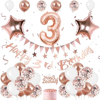 Rose Gold 1st & 3rd Birthday Decorations - Balloon, Banner, Cake Toppers & Number 3 Flag