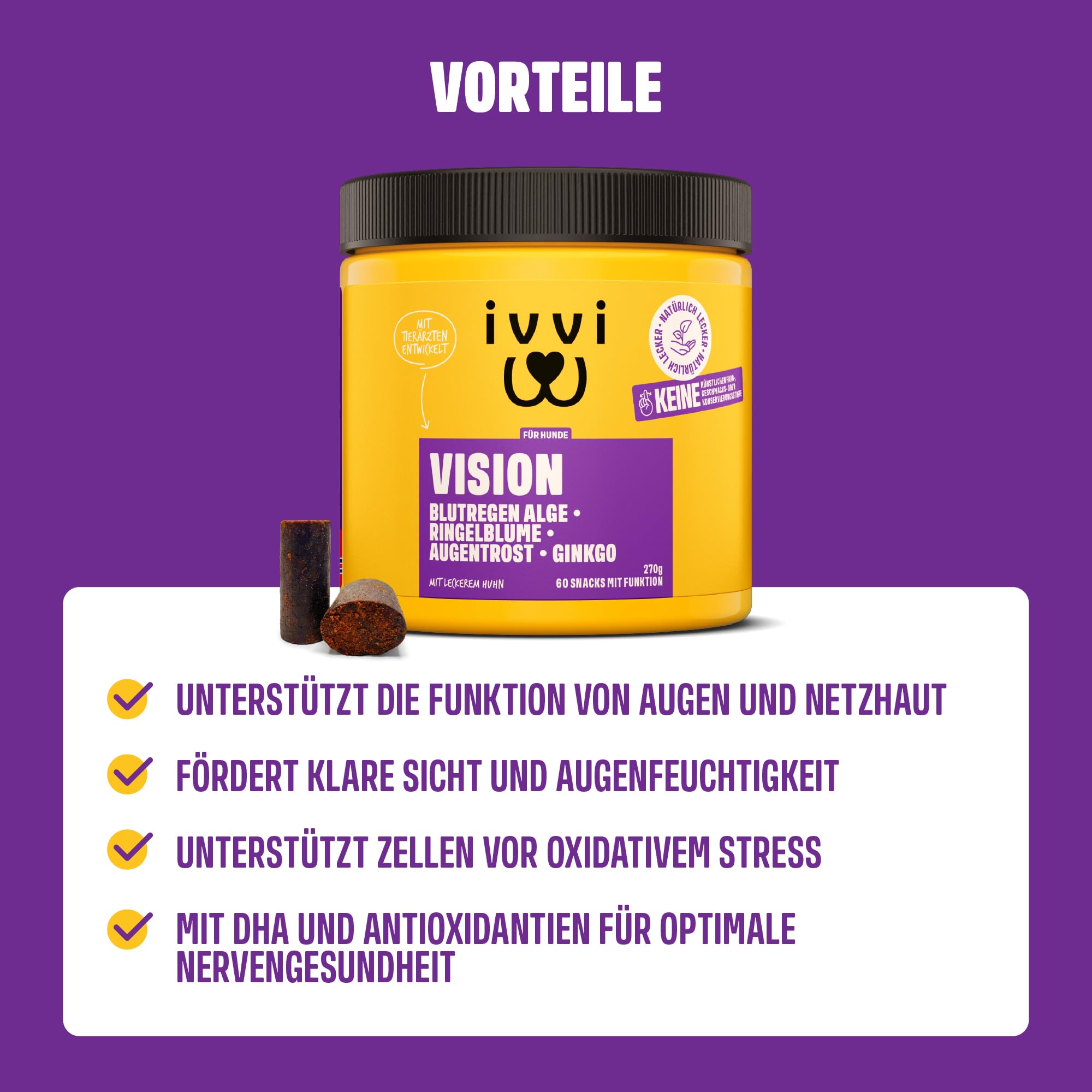 ivvi Vision – Augenpflege Snacks für Hunde | Mit DHA, Astaxanthin, Blaubeere & Augentrost | Unterstützt Augenkomfort & Netzhaut | 60 weiche Snacks (270 g)