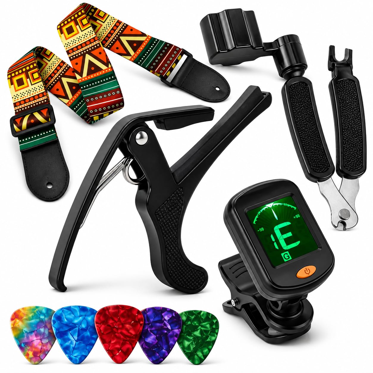 MOCKING BIRD Guitar Accessories Kit with Digital Tuner, Lcd Display,Designer Belt, Metal Capo, String Winder, 5 Colorful Picks | Combo Guitar Accessories set for Acoustic, Electric Guitar Beginners-image-42