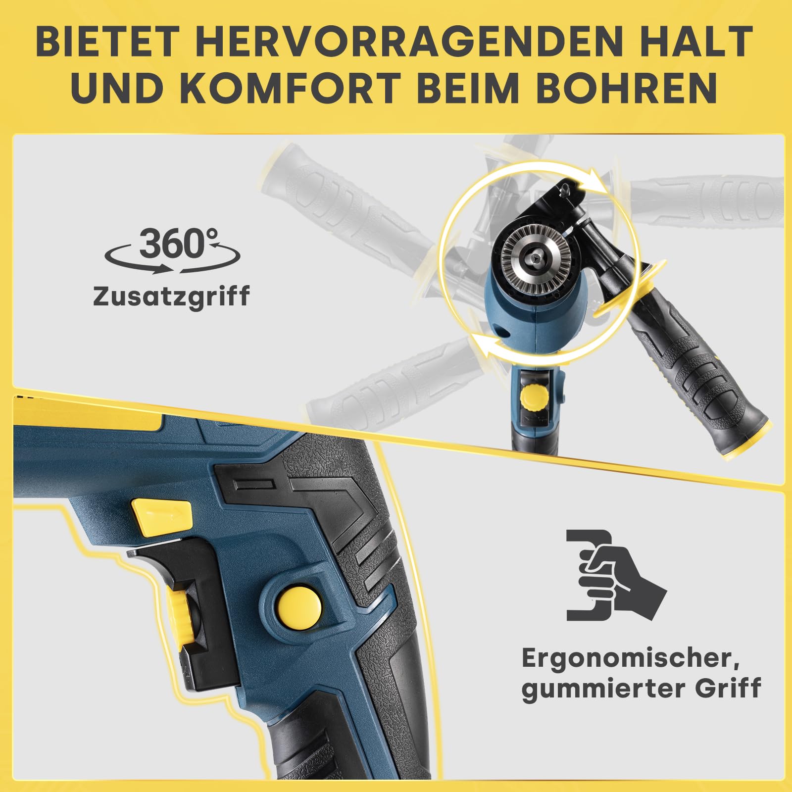 Enventor 750W Schlagbohrmaschine, Elektrische Bohrmaschine mit 9 ​​Stück Bohren, elektr. Drehzahlregelung, 360° Zusatzgriff, (Max. Bohr-Ø: Holz: 25 mm, Beton: 13 mm, Metall: 10 mm)