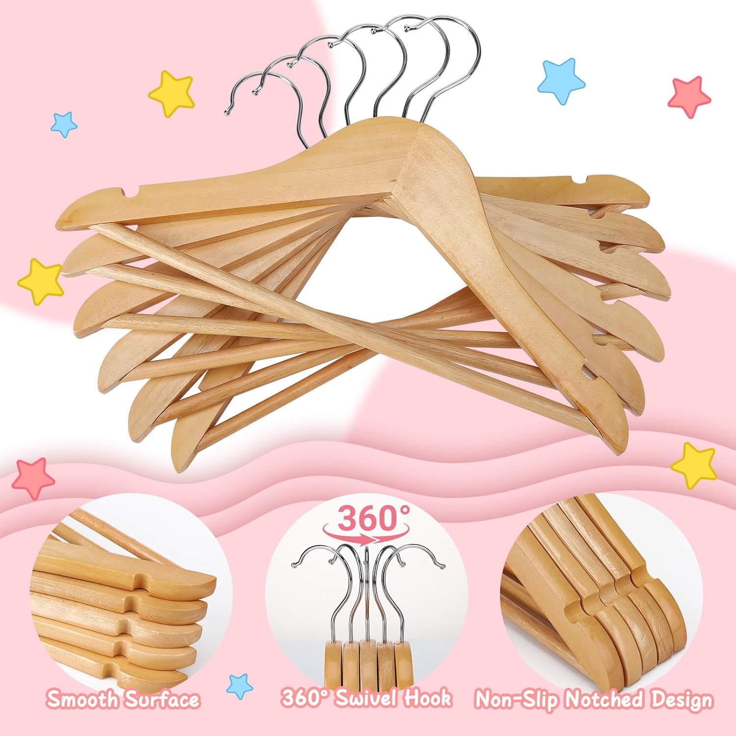 20 Pack Wooden Baby Hangers Wood Kids Hangers with Ring Clips for Closet Children Clothes Hangers with Pants Bar Shoulder Notches Swivel Hooks,12.5X 7.5 Inches