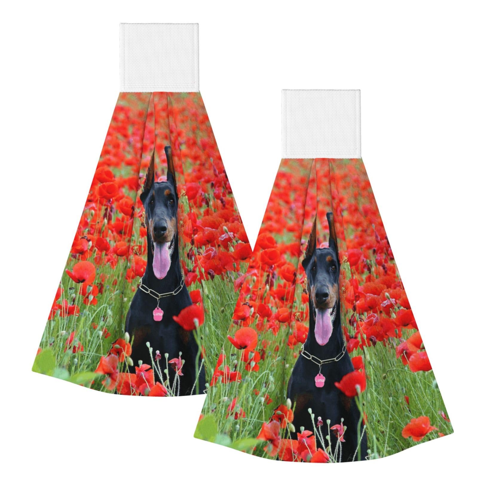 DOPKLNA Doberman Pinscher In The Flower, 2 Pcs Hanging Coral Fiber Hand Towels for Bathroom, Absorbent Kitchen Towels