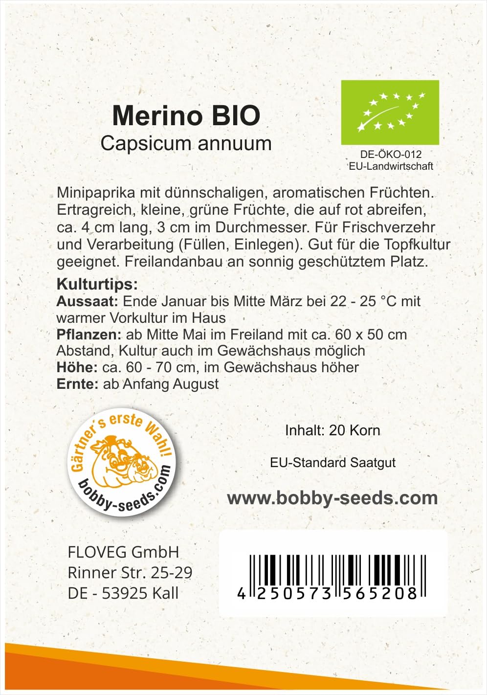 BIO-Paprikasamen Merino – Roter Minipaprika, 20 Korn, Für Topf Und Freiland