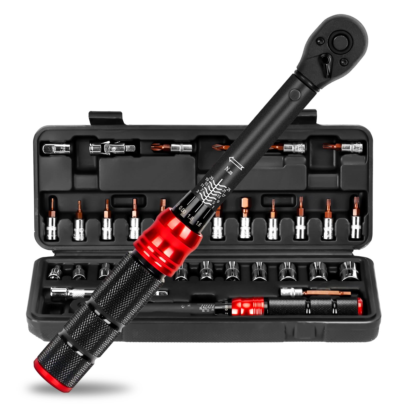 33 Pièces Clé Dynamométrique 1/4", 1-25Nm Cle Dynamometrique Voiture, Précision ±3%,Kit avec clef dynamometrique,Douilles Hex,Bits Adaptateur,Barre D'extension,pour Roue Voiture, Moto et Camion