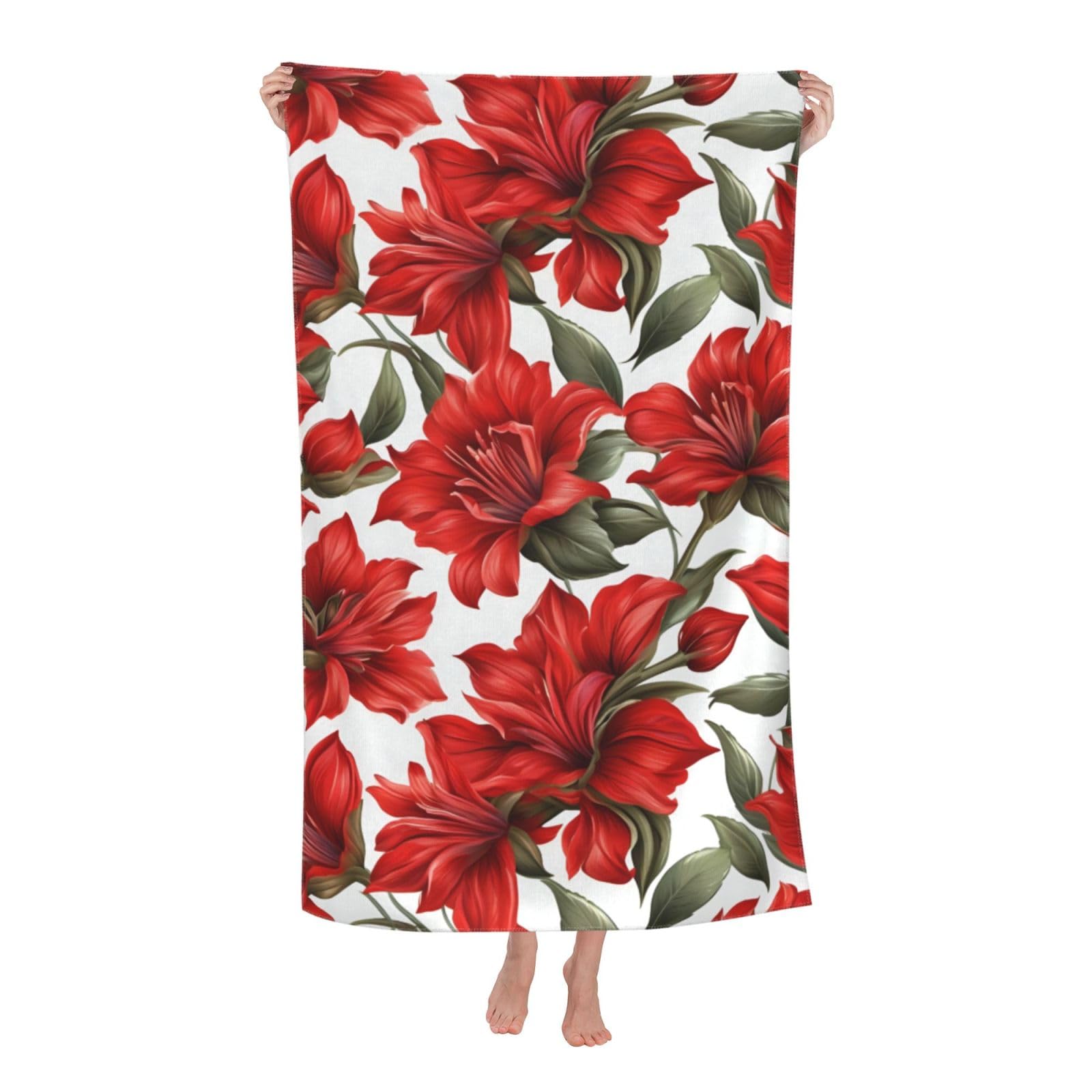 pojknbv Beautiful Red Flower Print Oversized Adult Beach Towel Quick-Dry Comfortable Lightweight Travel Pool Camping