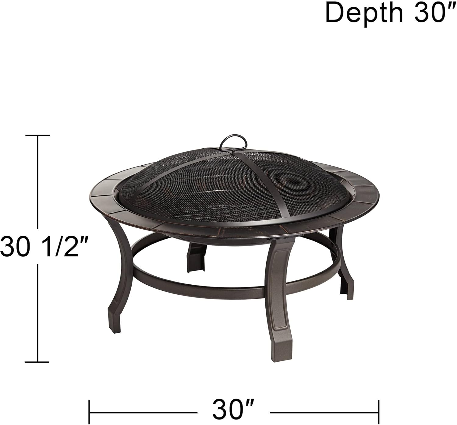John Timberland Exeter Black Outdoor Fire Pit Round 30" Powder-Coated Iron Bowl Brick Steel Wood Burning with Spark Screen and Fire Poker for Outside Backyard Patio Camping Deck : Patio, Lawn & Garden
