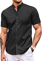 COOFANDY Men's Muscle Fit Banded Collar Short Sleeve Button Down Shirt - Athletic Slim Fit Casual Dress Shirt
