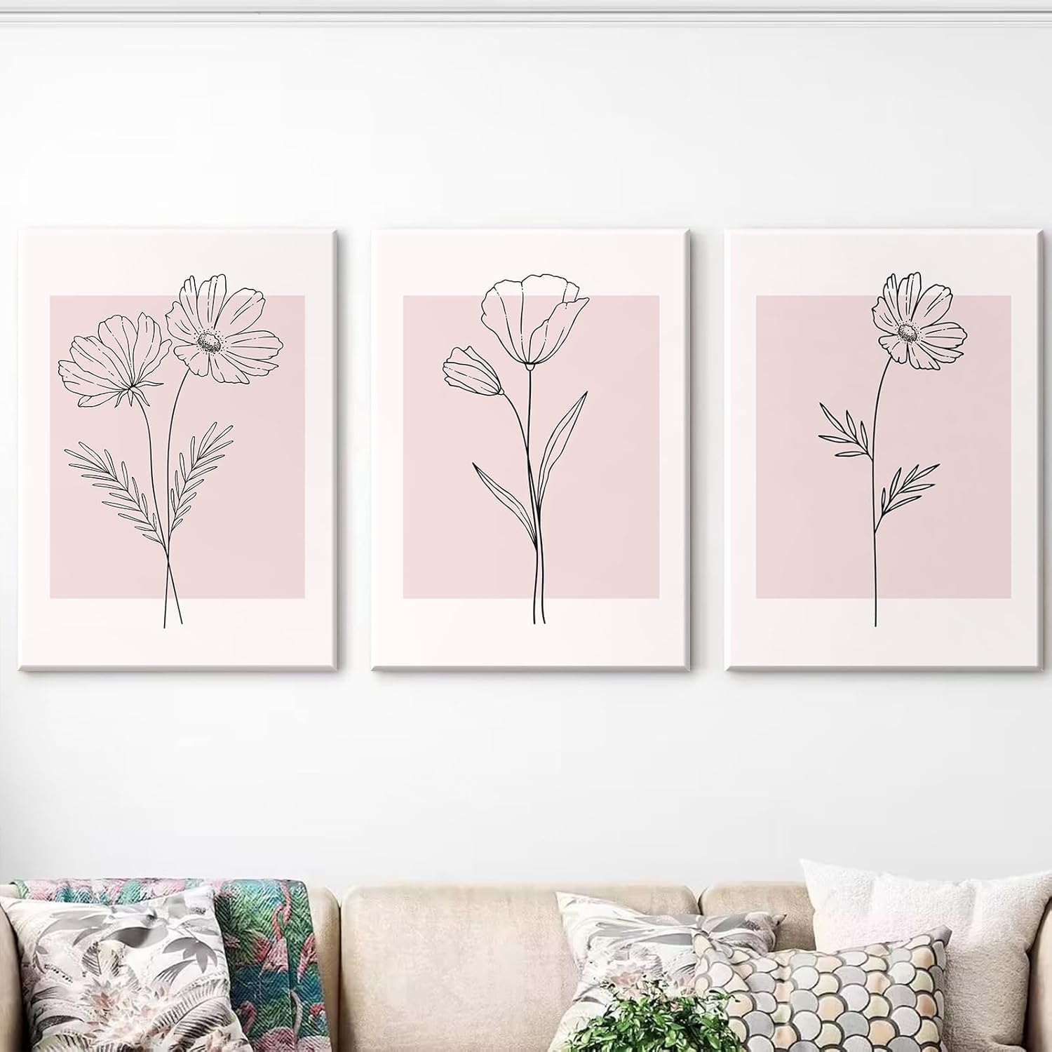 lianyibo Zestaw 3 różowych obrazów ściennych, różowych kwiatów, kwiatowy plakat botaniczny do dekoracji sypialni lub biura (50 x 75 cm x 3/bez ramki)
