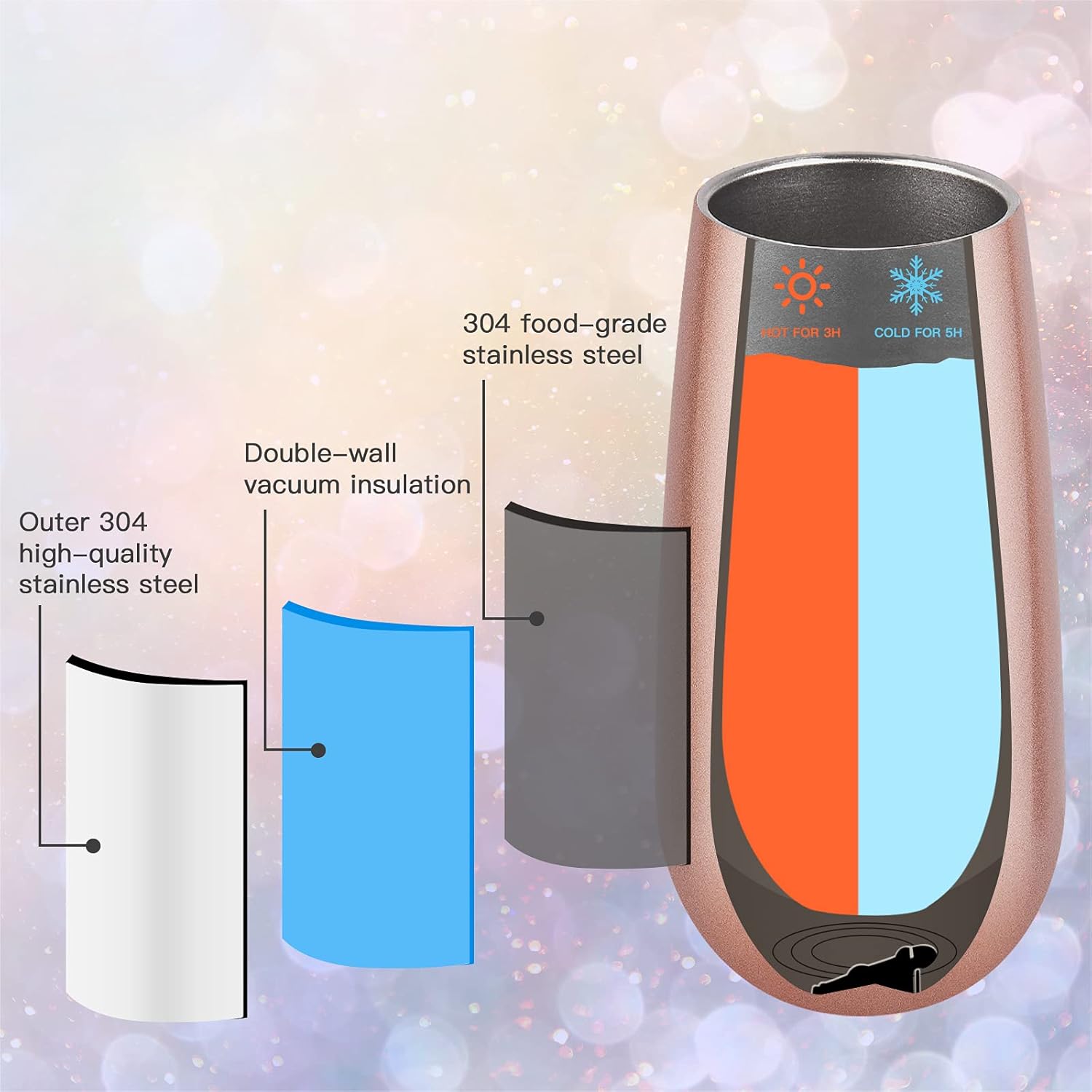 2 Pack Stemless Champagne Tumblers, 6 Oz Insulated Flute Tumbler, Double Insulated Unbreakable Glasses for Friends Birthday Christmas Wedding (Rose Gold) - Image 4