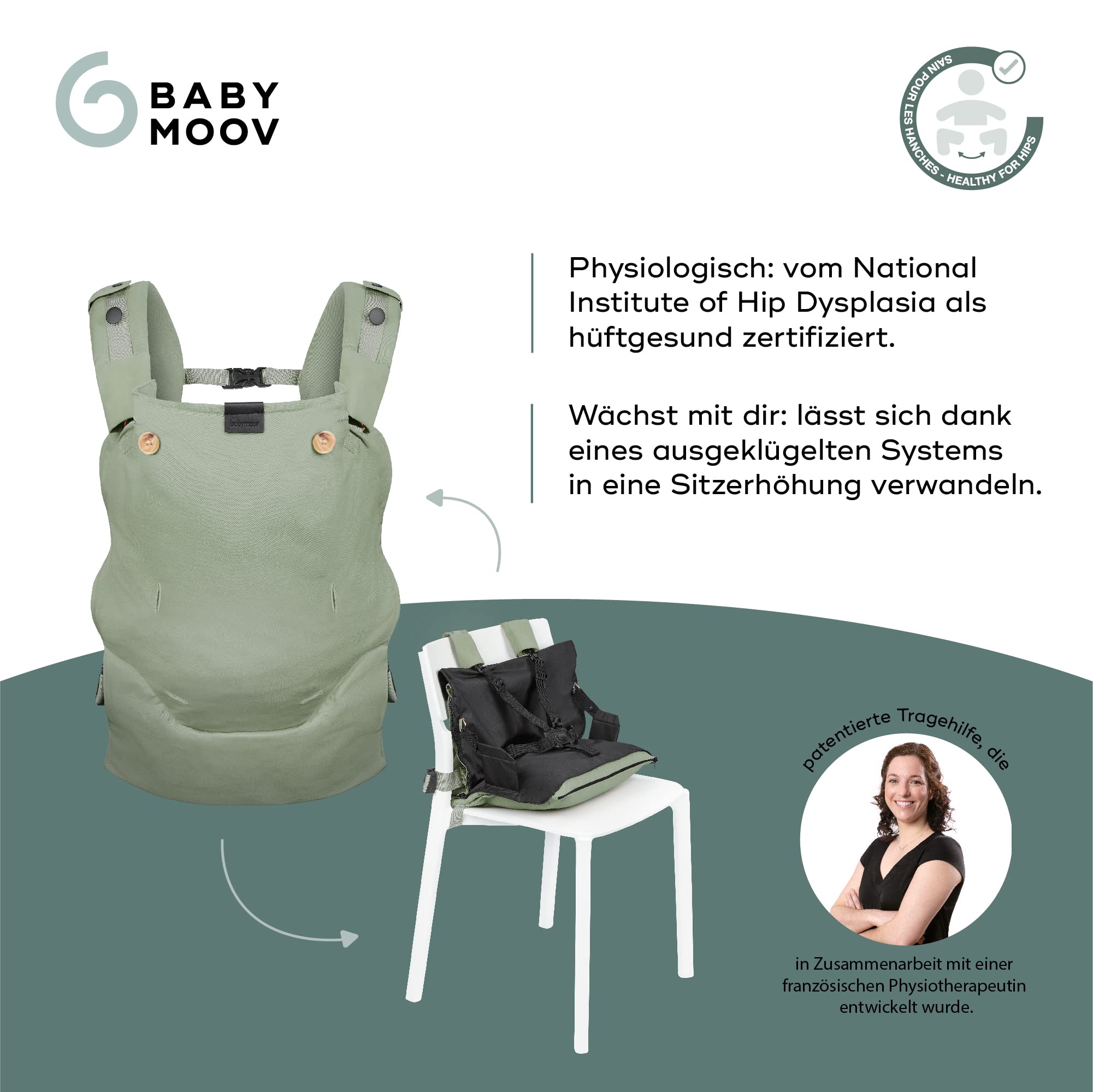 Babymoov Babytrage Moov & Boost Sage green - ergonomisch, für Babys und Kleinkinder, bis 20 kg