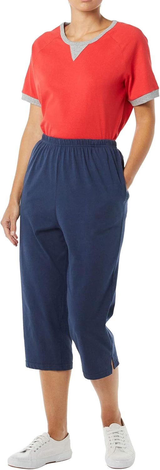 AmeriMark Women’s Capri Pants - Full Elastic Waist Pedal Pushers - Ladies 100% Cotton Pull-On Cropped Pants - Side Pockets - Image 3