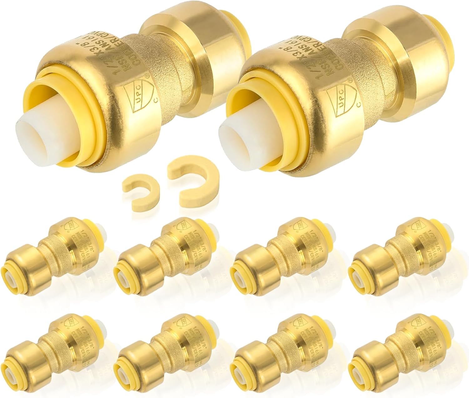 10-Pack HeSun Pushfit Coupling, 1/2"x3/8" Push to Connect Plumbing Fittings with Disconnect Clip, Brass Push-fit Fittings for PEX, Copper, CPVC, PE-RT Pipes(PF156-10)
