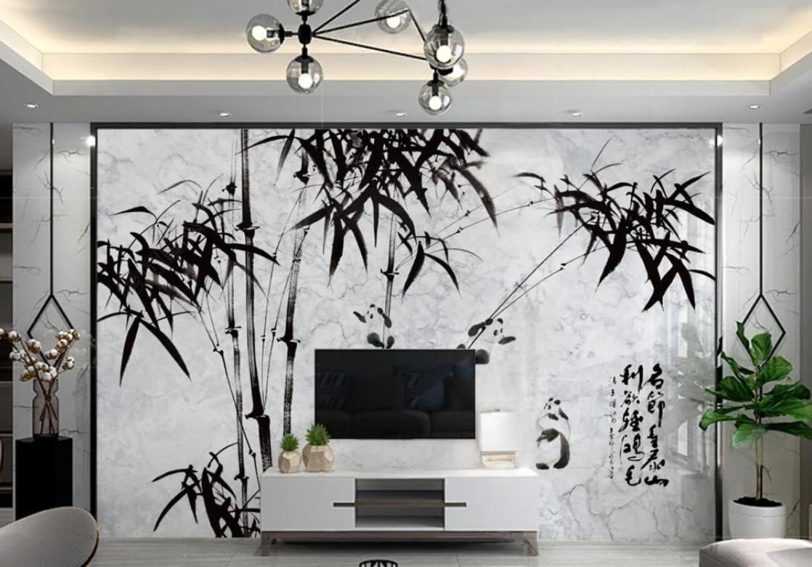 Encre De Chine Noir Et Blanc Bambou Panda Art Papier Peint 3D Installation Facile Intissé Tapisserie Bureau Salon Canapé Chambre Décoration Murale-300cm×210cm