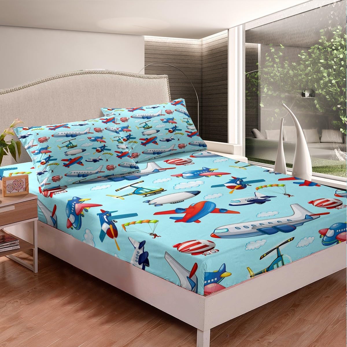 Feelyou Kids Aircraft Fitted Sheet & Pillow Sham Set Boys Cartoon Airplane Print Bedding Set Helicopter Flying Plane Fitted Sheet Travel Decor Bed Cover Cute Colorful Planes Room Decor Twin Size…