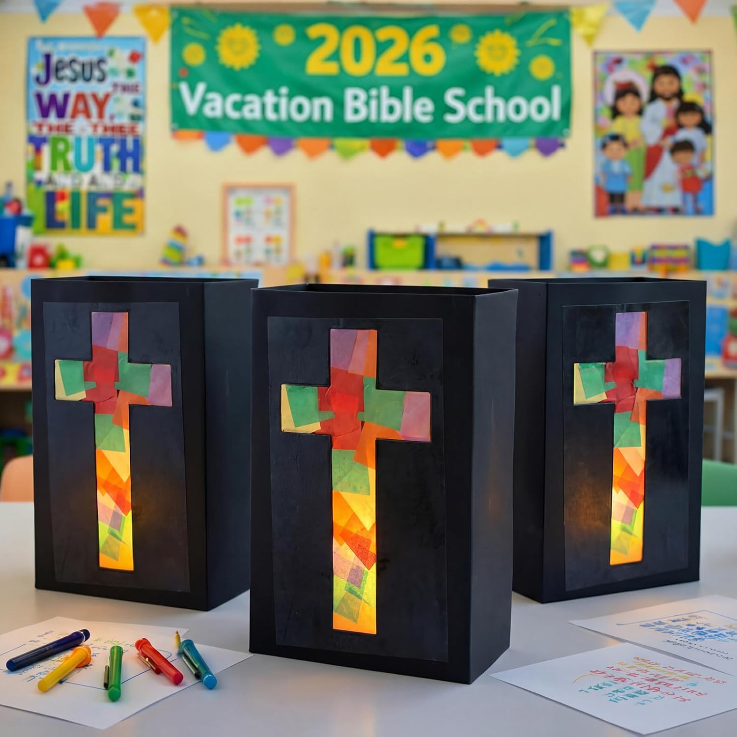 16 Set 2026 Vbs Cross Lantern Craft Kit DIY Illumination Theme Faux Stained Glass Paper Lanterns with LED Candle Lights Religious Easter Make Your Own Craft Bulk for Church Vacation Holiday