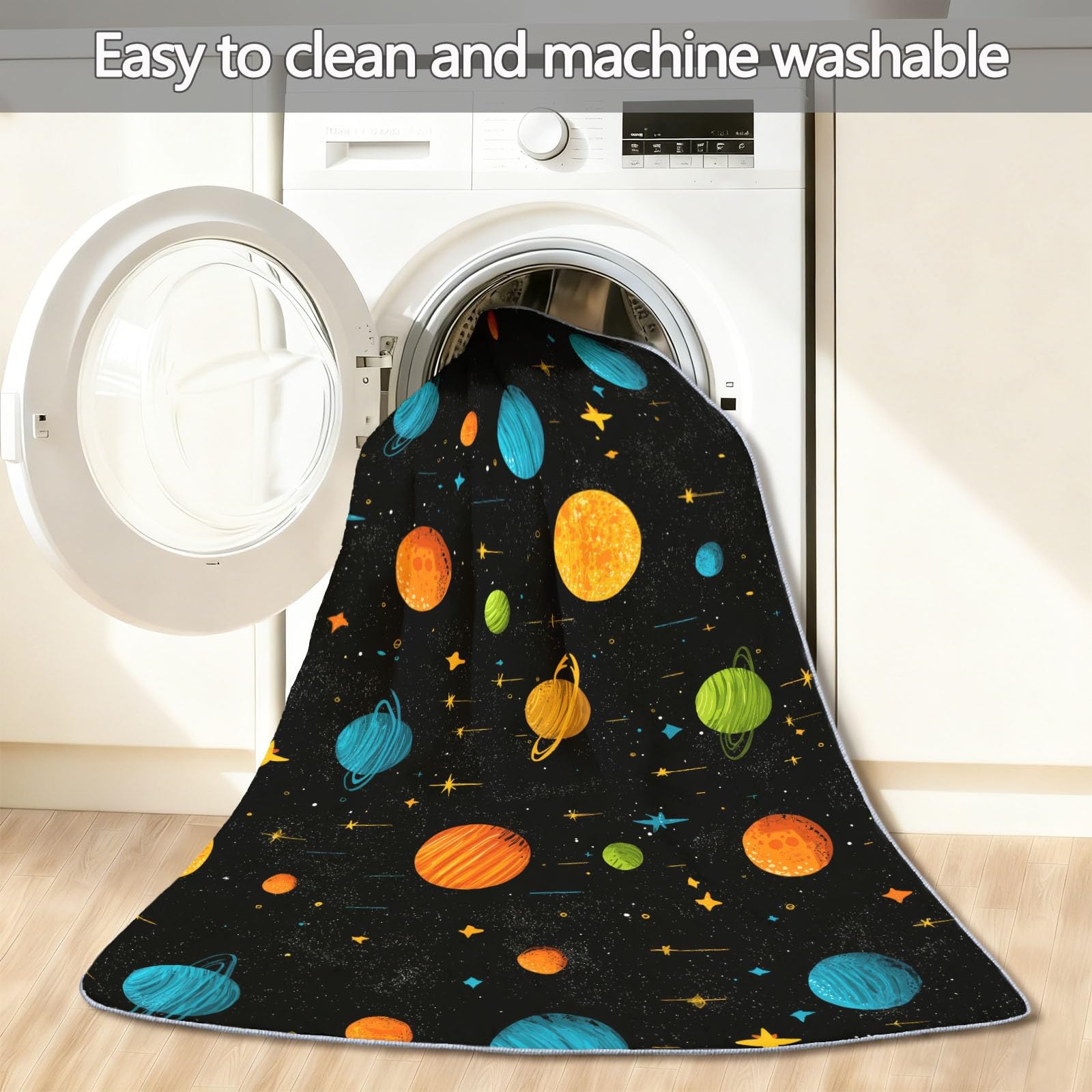 Alfombra lavable a máquina, antideslizante, 120 x 180 cm, alfombra Sci-Fi, lúdica, planetas, suelo de pelo bajo, suave, diseño para habitación infantil, cuarto de baño, habitación de bebé, decoración
