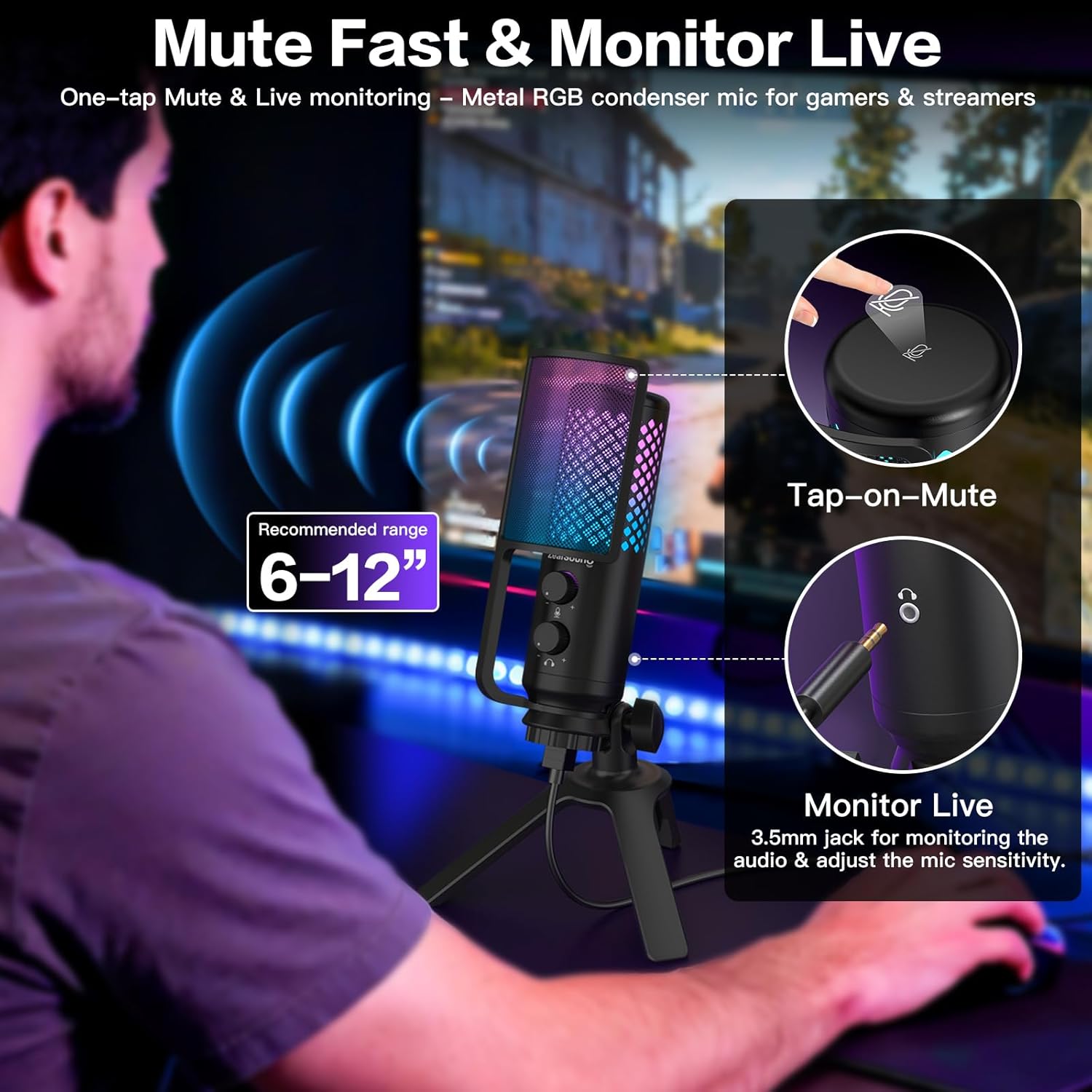 ZealSound Podcast Microphone for PC/Mac/iPhone/Phone – 96kHz/24bit USB Condenser Mic with Noise Reduction, Tap-to-Mute, Gain Control, Zero-Latency Monitor, RGB Light for Streaming, Gaming, Recording