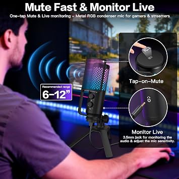 ZealSound Podcast Microphone for PC/Mac/iPhone/Phone 96kHz/24bit USB Condenser Mic with Noise Reduction, Tap-to-Mute, Gain Control, Zero-Latency Monitor, RGB Light for Streaming, Gaming, Recording
