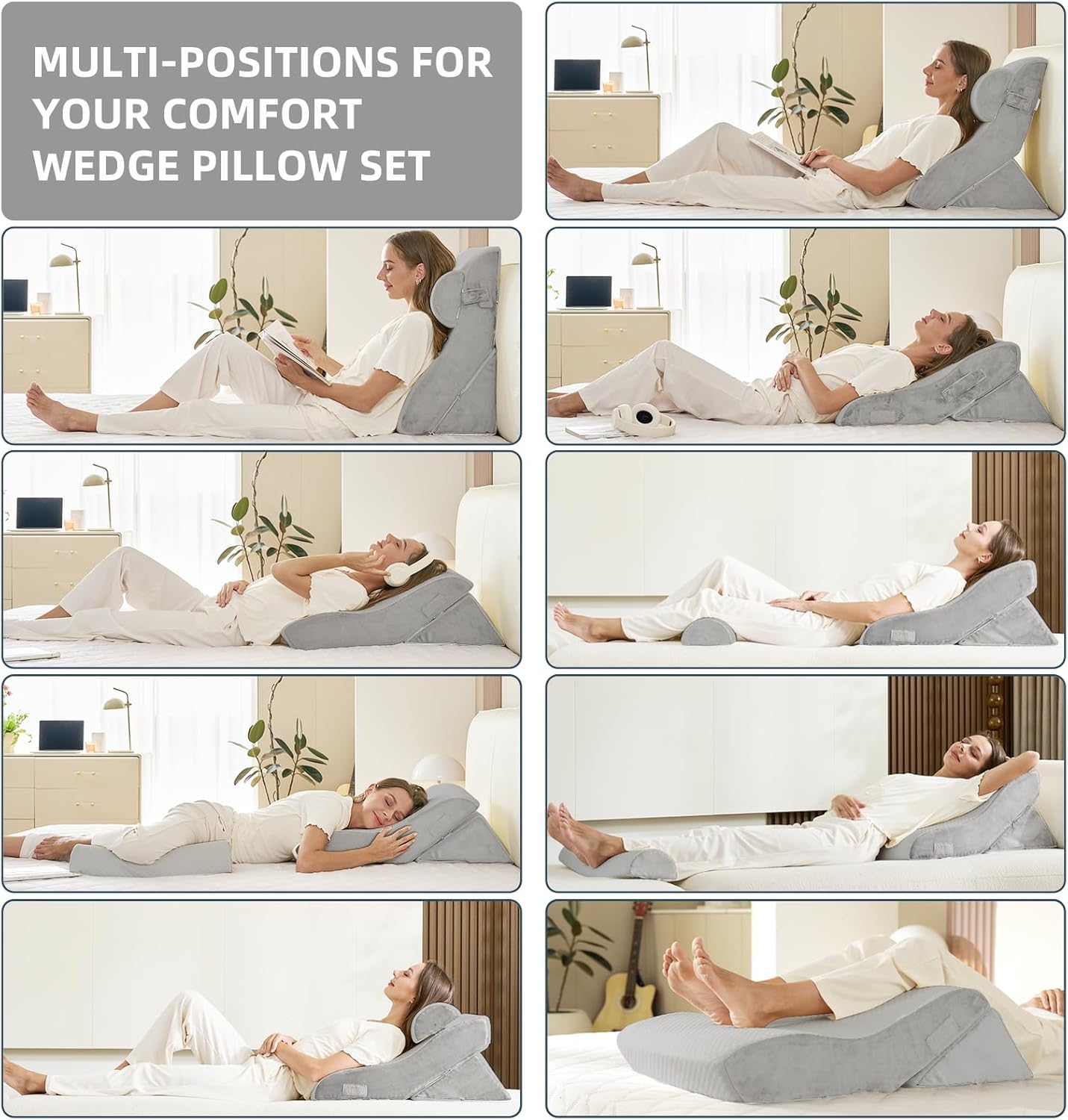 3PCS Orthopedic Bed Wedge Pillow Set, 45D Memory Foam Wedge Pillow Post Surgery for Back, Leg and Knee Support, Wider Adjustable Triangle Pillow Set for Sleeping,Acid Reflux,Anti-Snoring, Light Grey