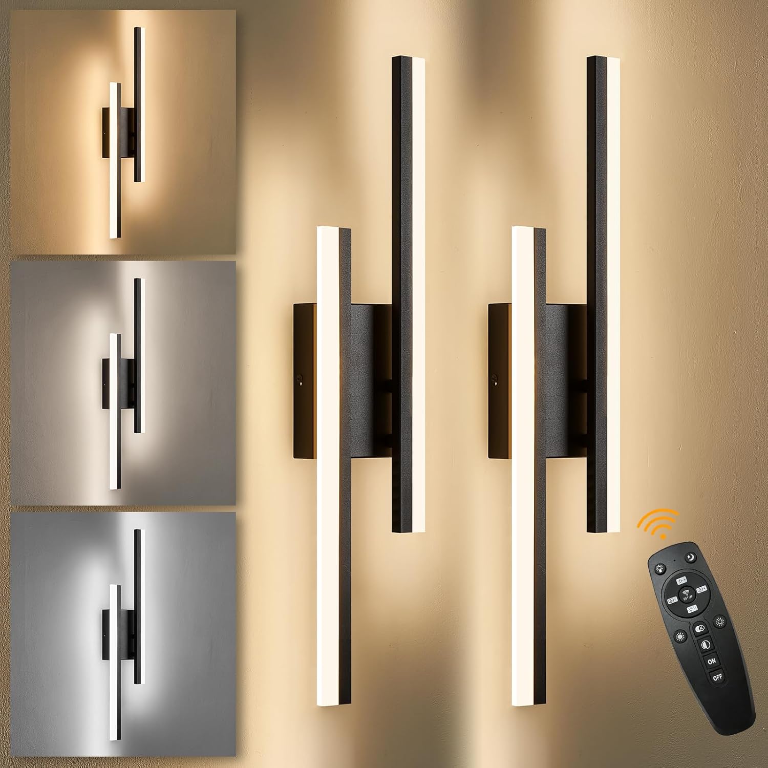 LED Wall Sconce Set of 2 Black Remote Modern LED Vanity Lights Set of 2 Indoor Wall Light Fixtures for Living Room, Dimmable Wall Sconce for Bedside Bedroom Bathroom, 23.6inch 2 Pack