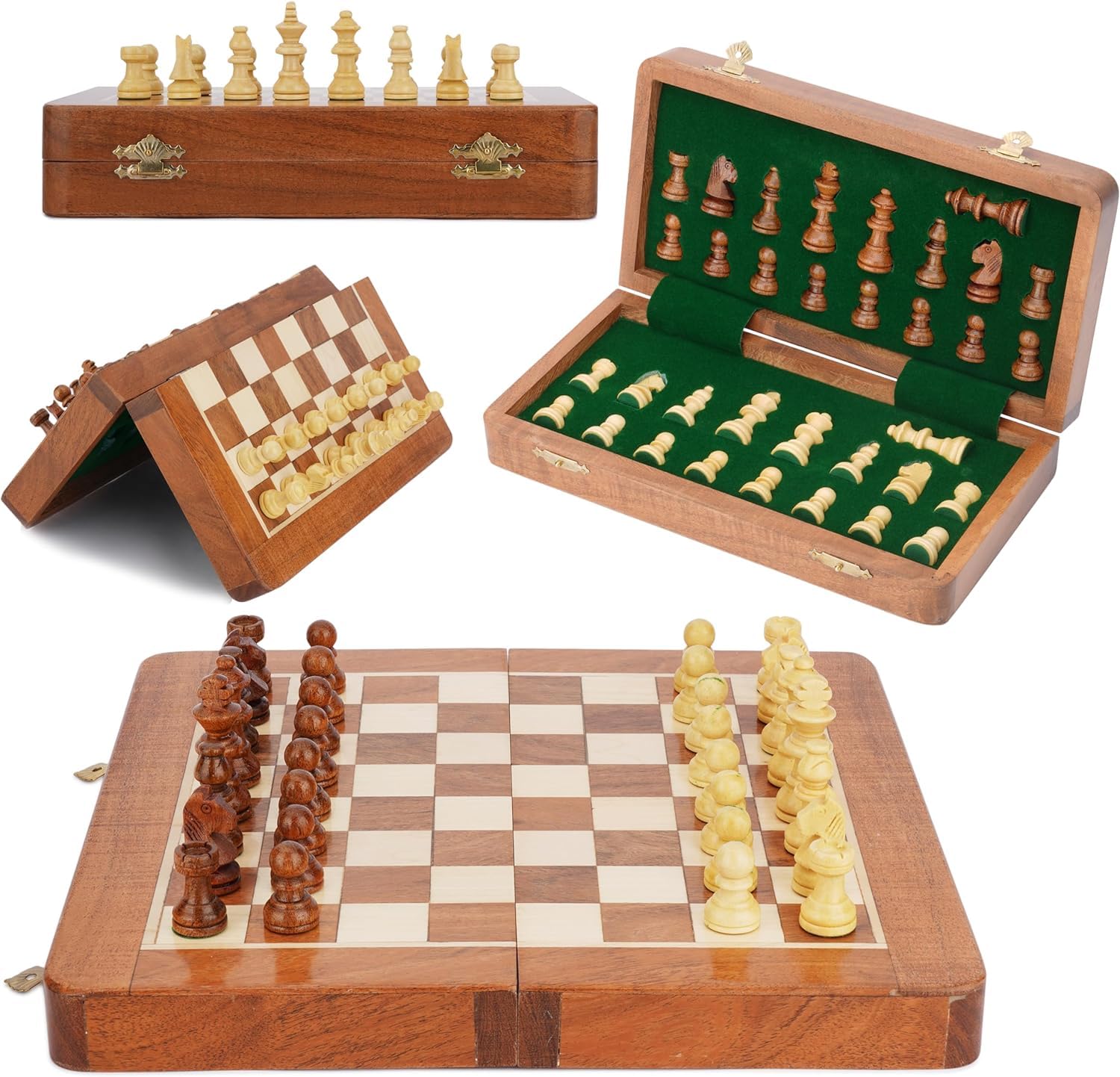 Magnetic Travel Chess Set - Handcrafted Acacia Wood, Foldable Board with Elegant Storage Ages (14 Inches)