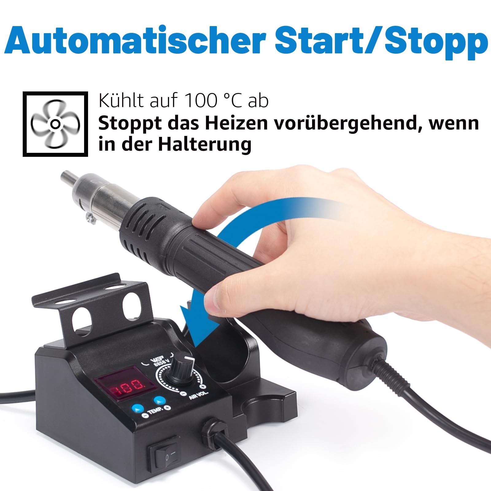WEP 8858-V heißluft lötstation set mit kompakten Abmessungen, integriertem Düsenhalter, 3 Düsen, 2 Pinzetten, einstellbarer Temperatur & Luftmenge, PID-Programm, °C/°F-Umwandlung und mehr (EU Stecker)