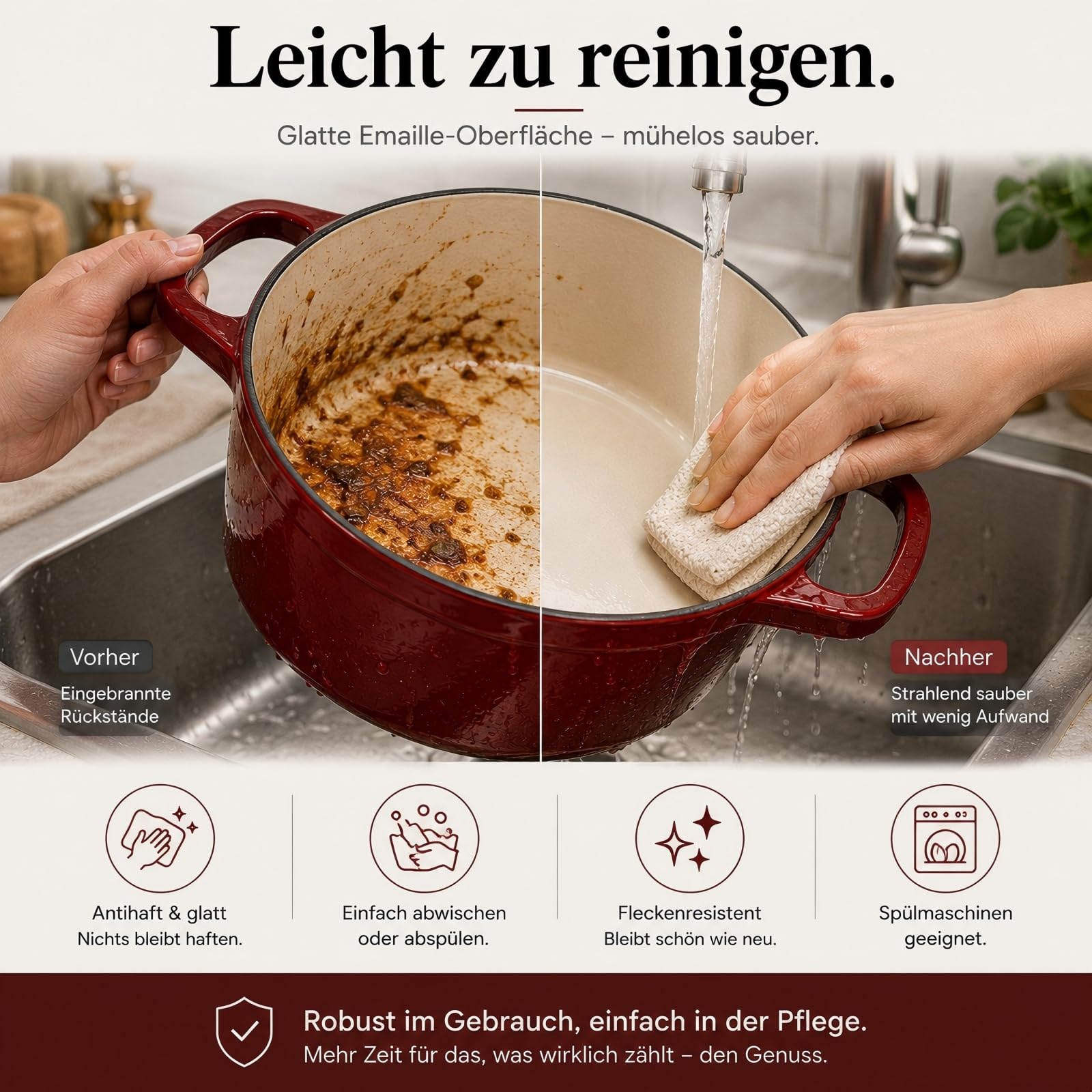 AHJ Topfset Gusseisen Emailliert, 4-teiliges stapelbares Schmortopf Set mit 4,5L Brotbacktopf/Dutch Oven, 2,5L Bräter, 1,2L Grillpfanne und Deckel, antihaftend, backofengeeignet bis 260°C, Rot | Inklusive Brottopf 4,5 L, Bräter 2,5 L, Grillpfanne 1,2 L un