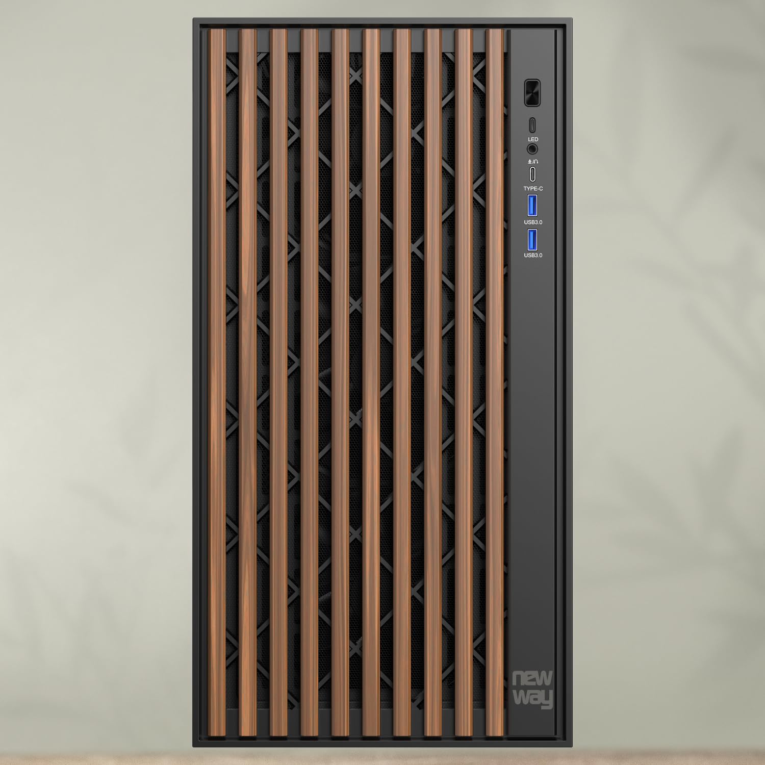 NEWWAY - NW1 Boitier PC Façade en Bois - Moyen Tour Compatible ATX/Micro-ATX/ITX - Type C USB - Ventilateurs Inclus 3x140MM PWM - Panneau latéral Verre tempéré (Noir)