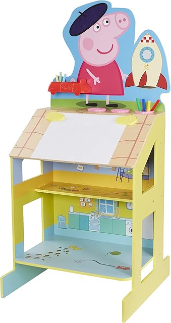 Peppa Pig Wooden Play Easel, 3 areas for play and creative activities; drawing area, chalkboard, and fun 2-story Peppa house.