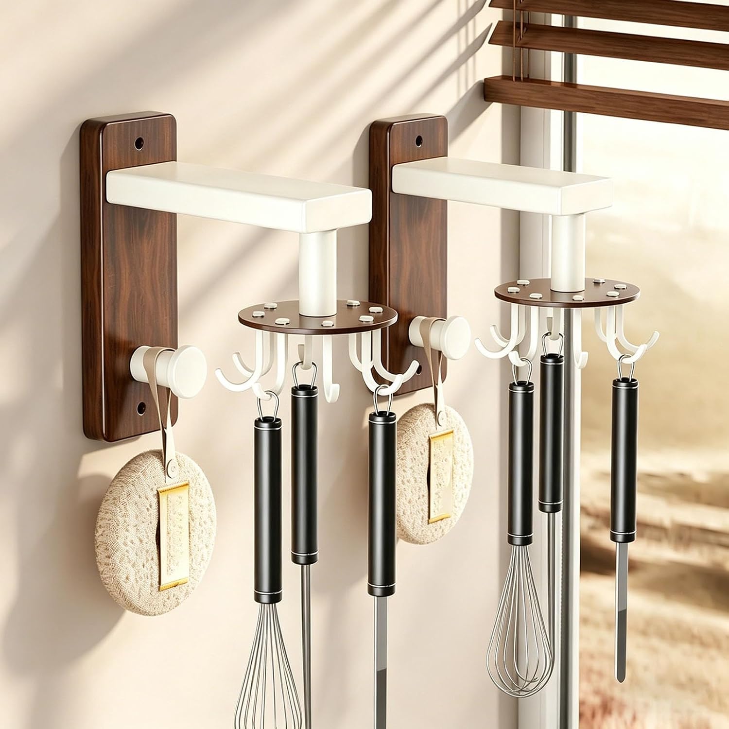 360° Rotating Kitchen Utensil Hook, Carbon Steel No Drill Utensil Organizer Rack with Sliding Hooks, Kitchen Storage Hanger for Spatula Whisk Cooking Tools(Black)