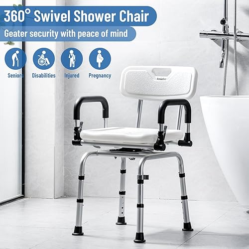 Miniatura 9 de Ameierlive - Silla de ducha con reposabrazos y respaldo para ducha interior, asientos de baño con rotación de 360 para ancianos, discapacitados,