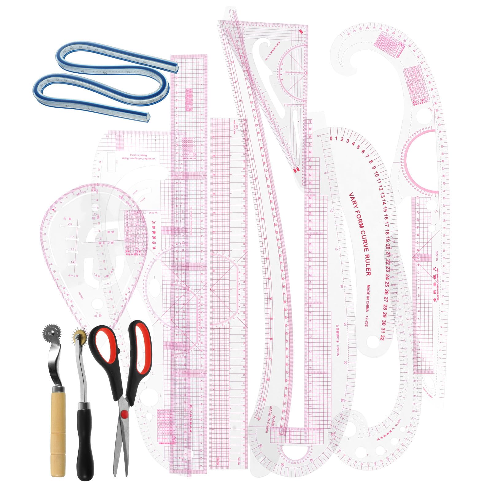 SHINEOFI 14 Stück Nählineal aus Pvc und Edelstahl mit Kurvenmustern für Anfänger und Professionelle Näher zur Effizienten Schnittmustererstellung