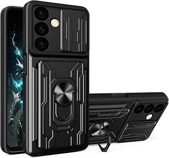 CCSmall for Samsung Galaxy M55 5G Case with Card Holder & Slide Camera Cover, Military Grade Drop Protection Cover with Ring Kickstand Cell Phone Case for Samsung M55 5G LJK Black