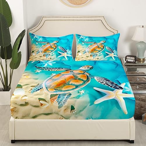 Miniatura 3 de Juego de sábanas de tamaño King con diseño de animales marinos para niños, adolescentes y adultos, color azul aguamarina, diseño de tortuga marina