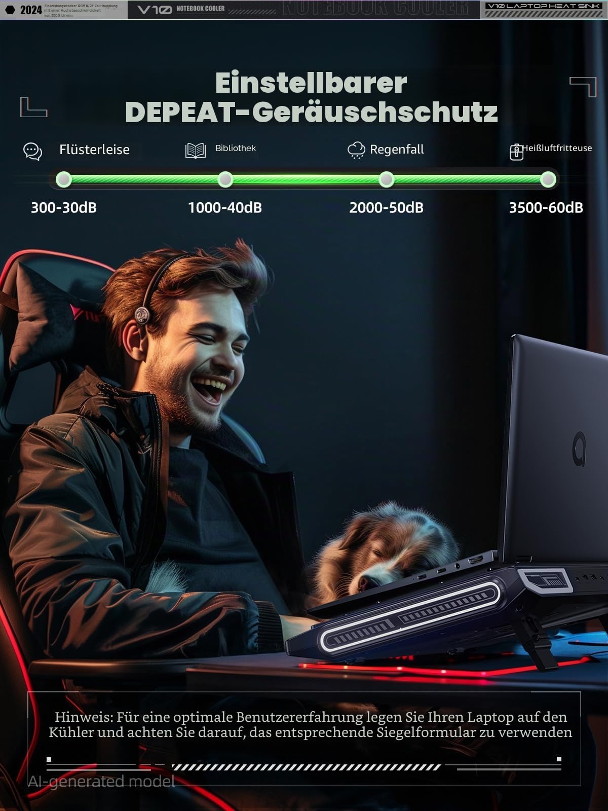 llano Gaming Laptop Kühler Kühlpad mit 3500RPM Turbofan 4,72'' externem Lüfter Ständer verstellbare Geschwindigkeit Tastensteuerung Dichtschaum schnelle Kühlung Laptops 13-17,3'' KEIN RGB NO Ports
