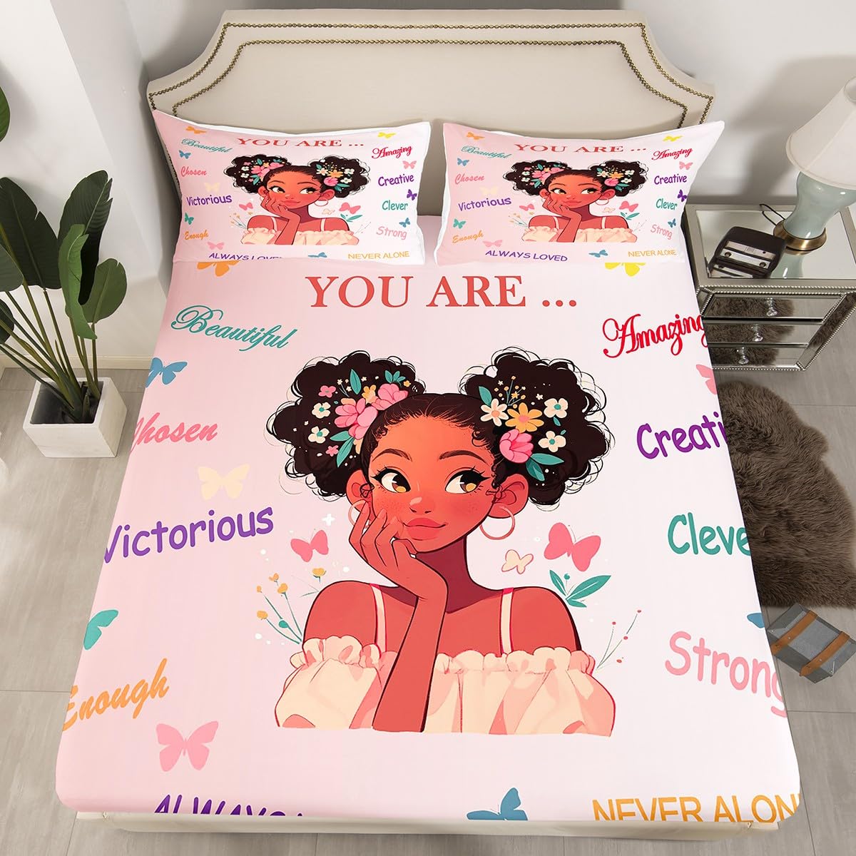 African American Black Princess Fitted Sheet Twin Size, Black Girls Magical Bed Sheets for Kids Kawaii Bedroom Decor, No Flat Sheet