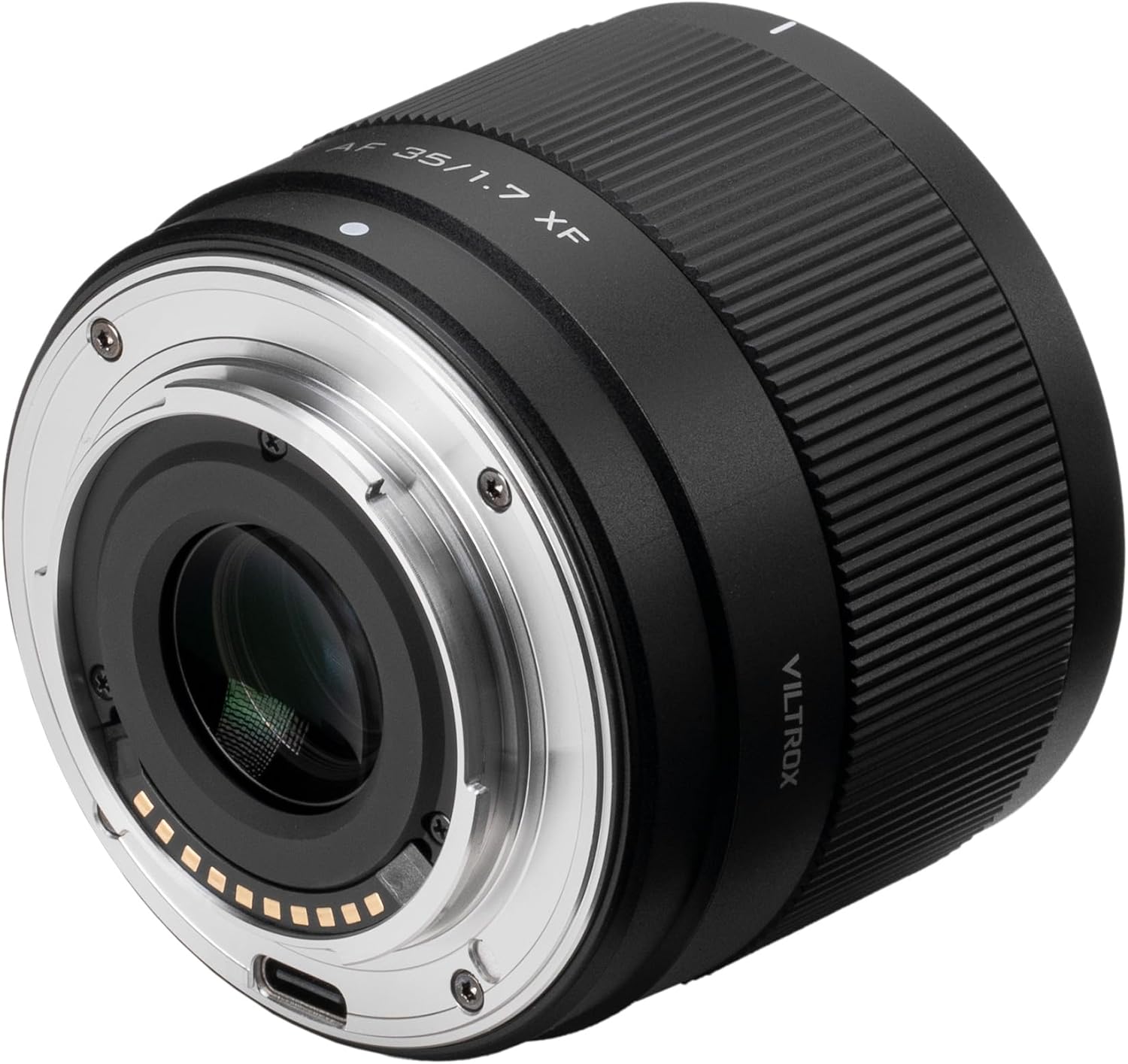 Dèyè view of the VILTROX AF 35mm F1.7 X-Mount lens, showing the metal lens mount, electronic contacts, and a USB-C port.
