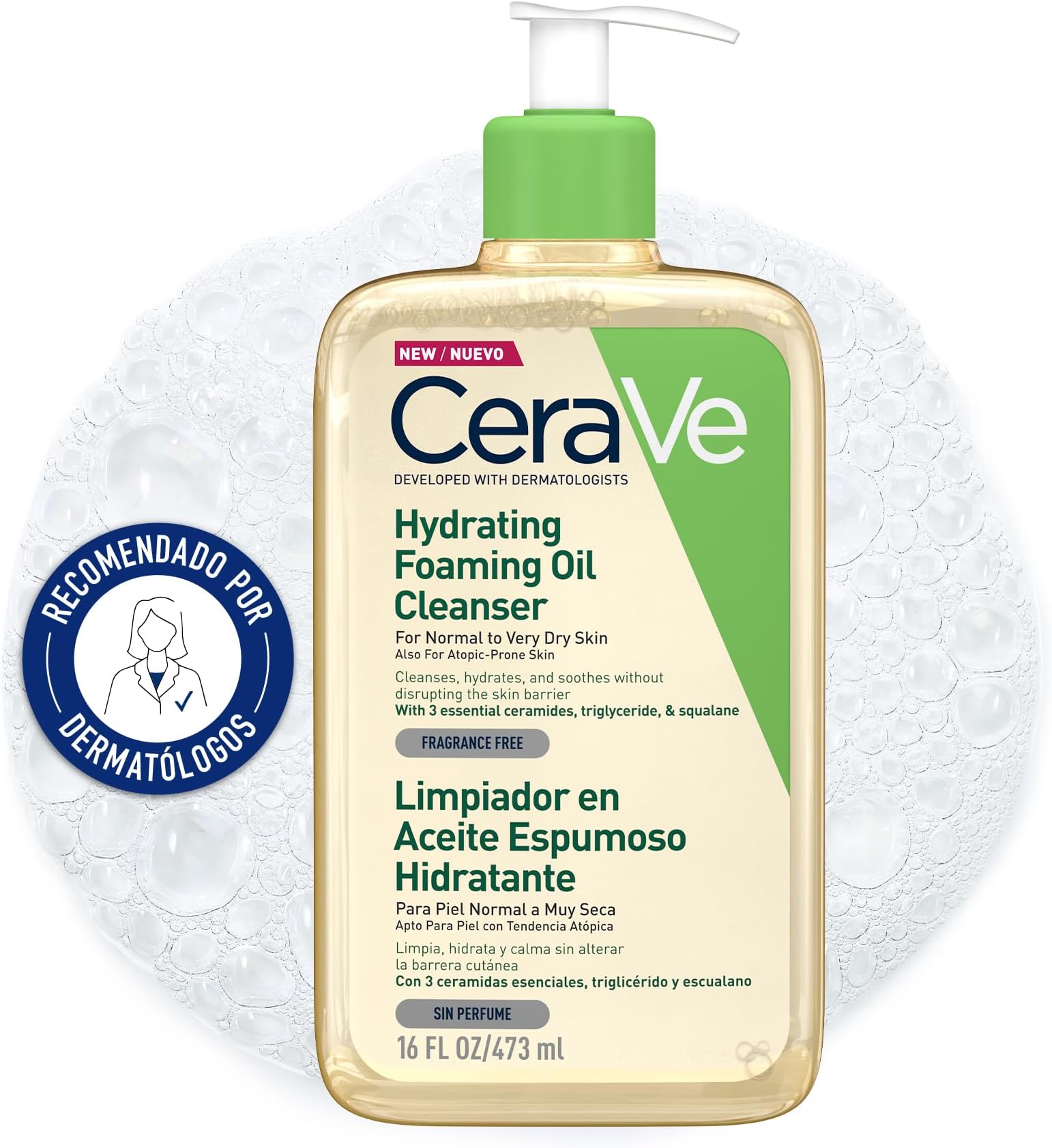 CeraVe Hydrating Foaming Oil Cleanser 473ml for Normal to Very Dry Skin with Squalane, Triglyceride and 3 Essential Ceramides. For Face and Body